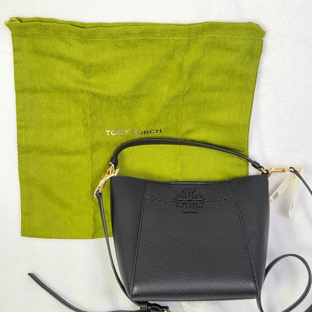 Tory Burch McGraw Small Bucket Bag Black Leather‎ Crossbody 74956 001 NWT
